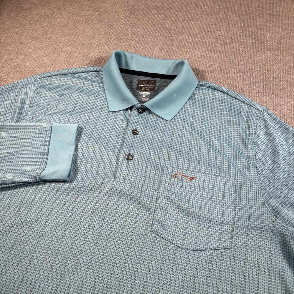 Greg Norman Polo Shirt Men XL Long Sleeve Blue Play Dry Stretch Pocket Logo Golf
